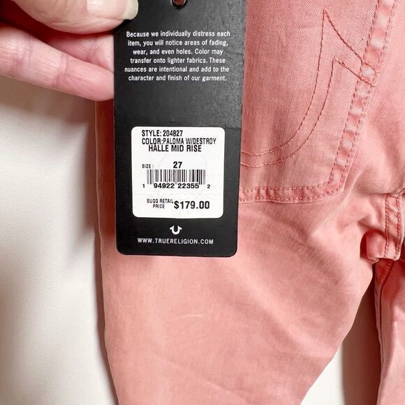 NWT TRUE RELIGION HALLE MID RISE SUPER SKINNY JEANS PINK PALOMA RIPPED Sz 27 - Picture 6 of 9